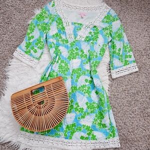 Lilly Pulitzer Green & White Crochet Conch Seashell Tunic Linen Dress